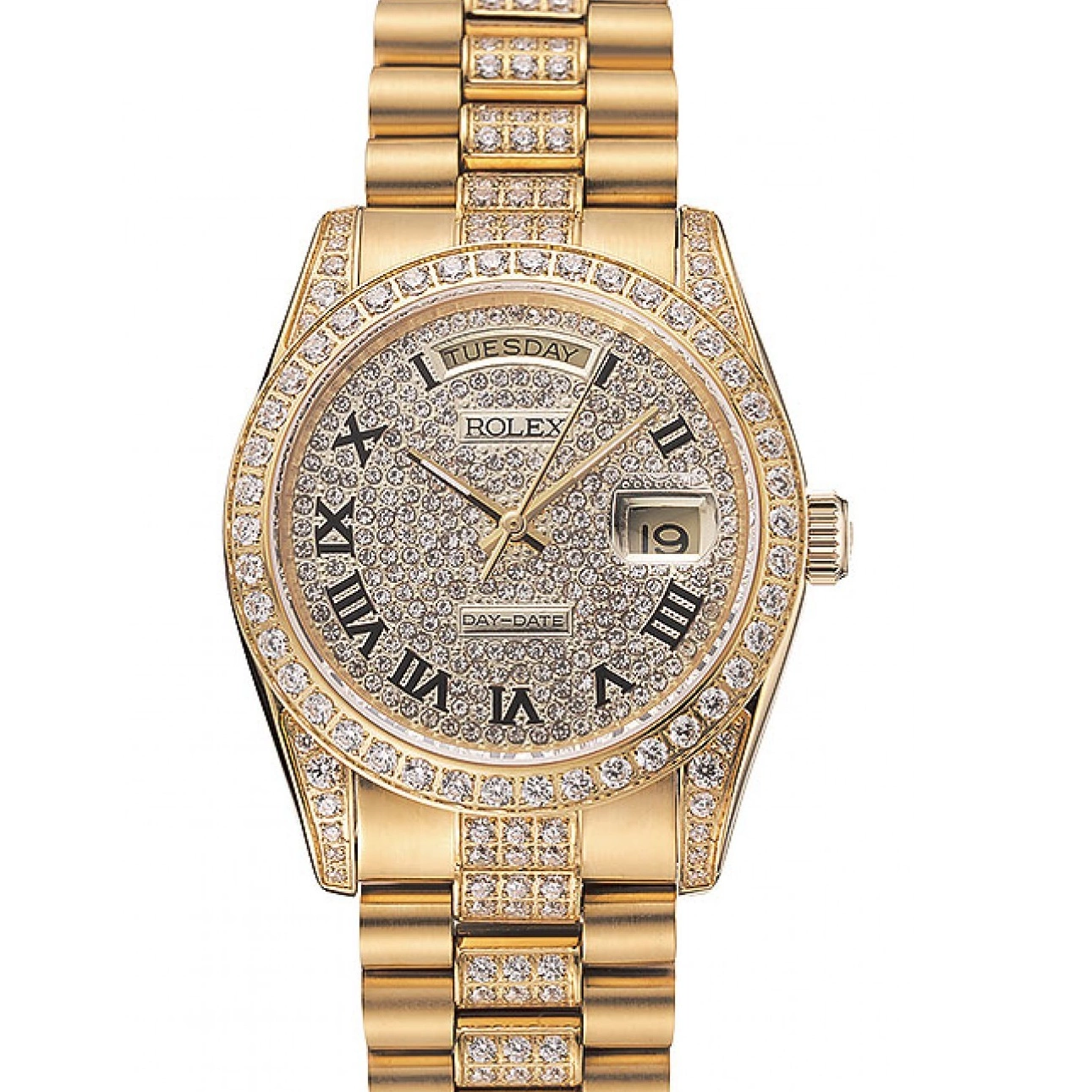 Aaa replica Swiss Diamond 1453956 Gold Bracelet Diamond Pave Day-Date Rolex Dial 0731